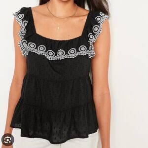 Old Navy Plus Women's Embroidered Tiered Boho Summer Top Black Ruffle Sleeveless